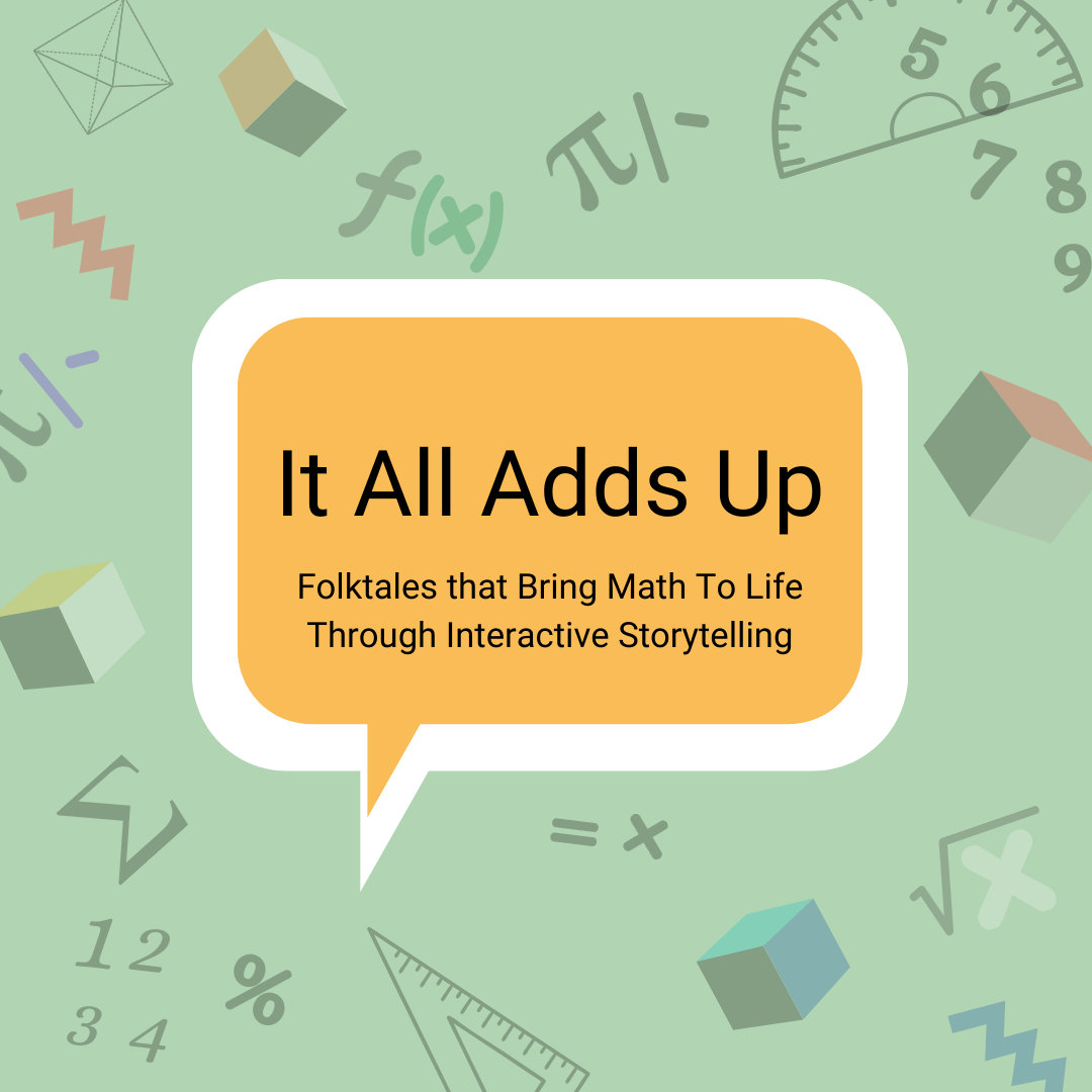 A yellow speech bubble with white border sits on top of a green background with math symbols