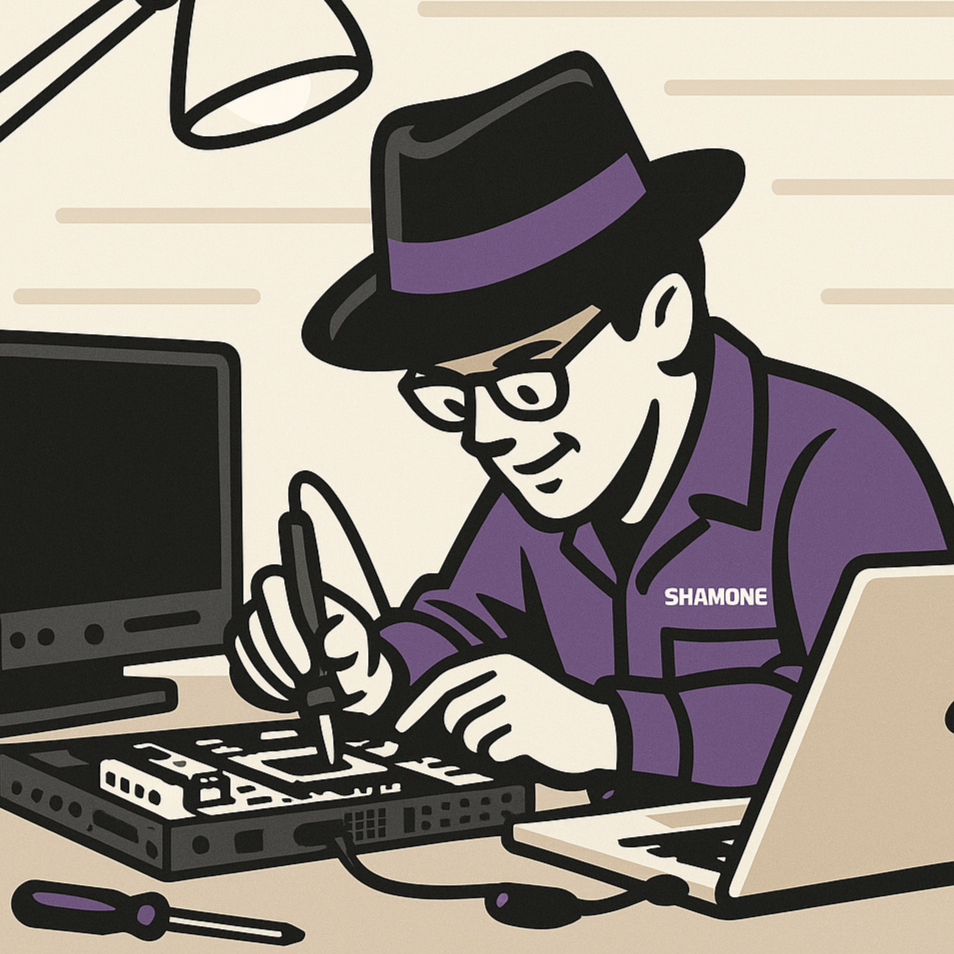 Eine Cartoon-Abbildung zeigt eine Person mit Brille, einem Hut mit violettem Band und einem violetten Shirt mit der Aufschrift „SHAMONE“, die an einem elektronischen Gerät auf einem Schreibtisch arbeitet.