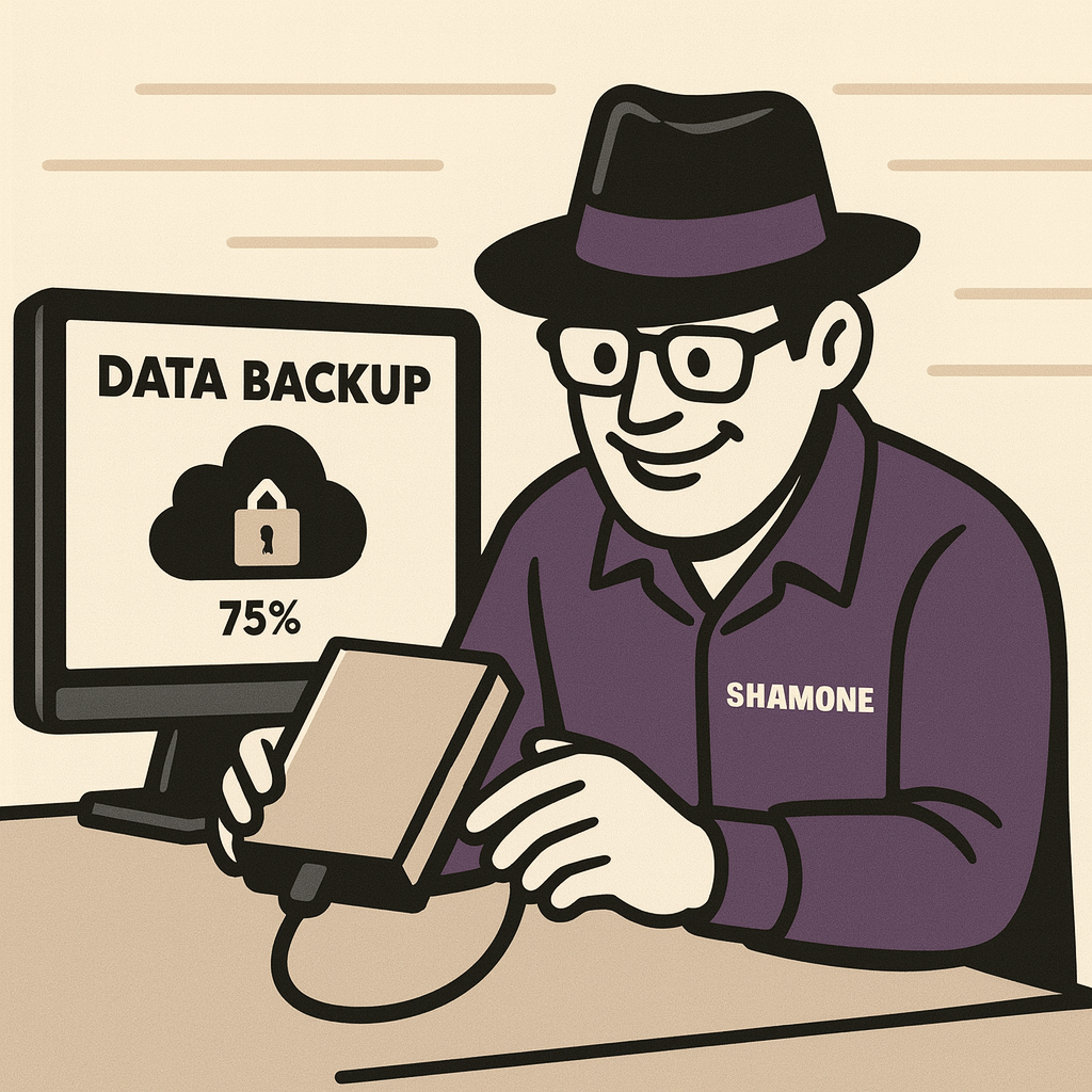 Eine Person mit Brille und Hut, mit der Aufschrift „Shamone“, sitzt an einem Schreibtisch mit einem Computer und einem Telefon. Auf dem Computerbildschirm steht „Data Backup“ mit einem Wolken- und Schloss-Symbol, das einen 75 %igen Sicherungsfortschr