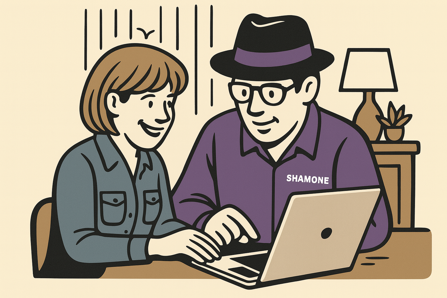 Eine Frau und ein Mann betrachten gemeinsam einen Laptop in einem Raum mit einer Lampe, einem Tisch und einer Topfpflanze. Der Mann trägt einen Hut und eine Brille, und auf seinem Shirt steht der Name „Shamone“.
