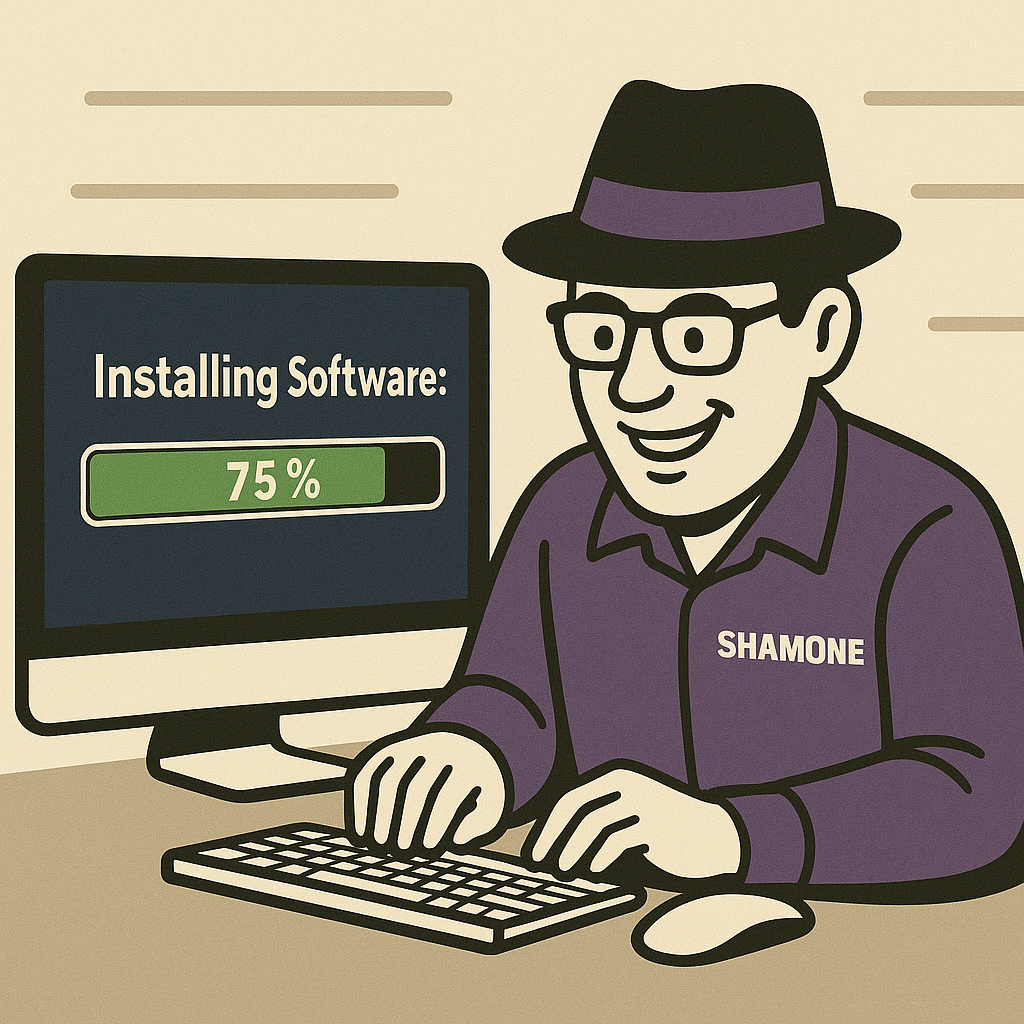 in Cartoon-Mann mit Brille und einem violetten Shirt mit der Aufschrift „SHAMONE“ sitzt an einem Schreibtisch und benutzt Tastatur und Maus. Vor ihm steht ein Monitor, auf dem „Installing Software: 75%“ angezeigt wird.