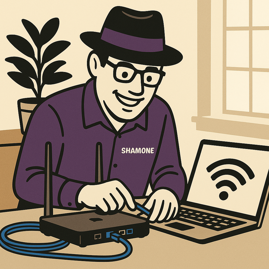 Eine Cartoon-Person mit Brille und Hut arbeitet an einem Laptop und einem WLAN-Router, drinnen in der Nähe eines Fensters. Im Hintergrund steht eine Pflanze.