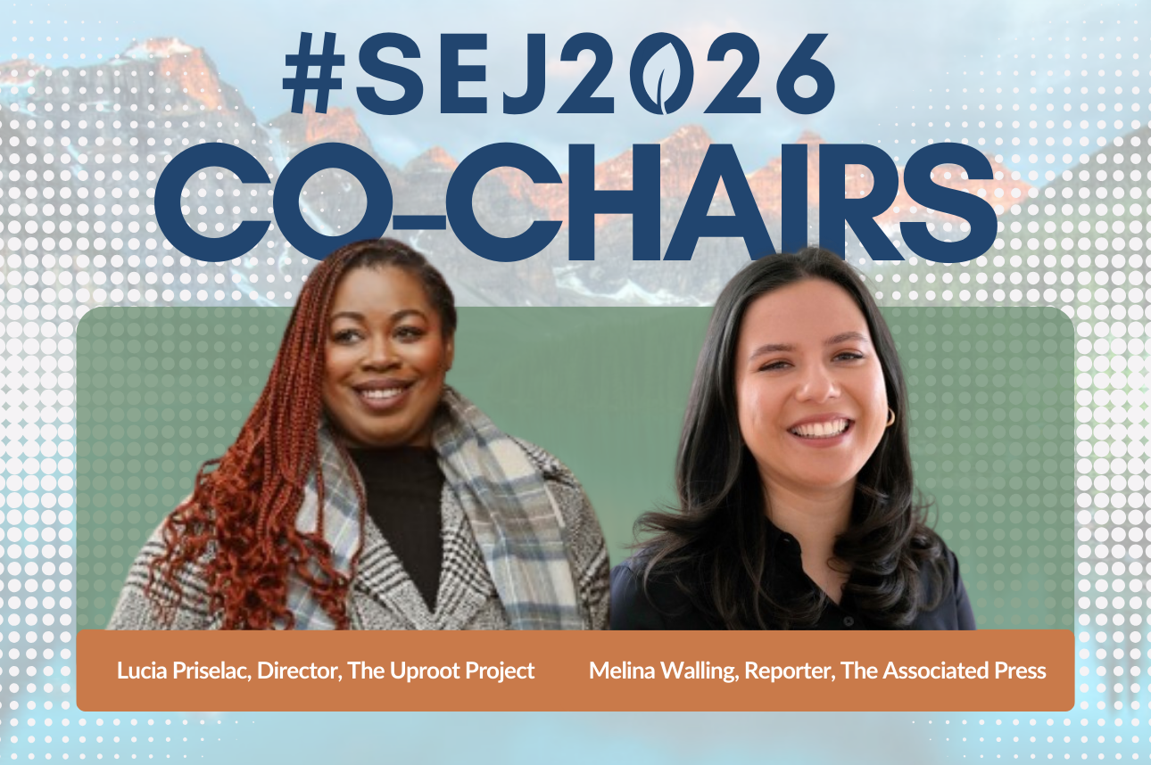 #SEJ2026 Co-chairs, Lucia Priselac, Director of The Uproot Project, and Melina Walling, Reporter at The Associated Press, with a mountain background and dotted pattern
