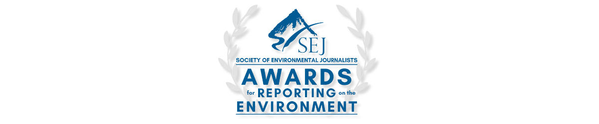 Logo for the Society of Environmental Journalists (SEJ) Awards for Reporting on the Environment, featuring a blue mountain and a camera lens, with laurel branches.