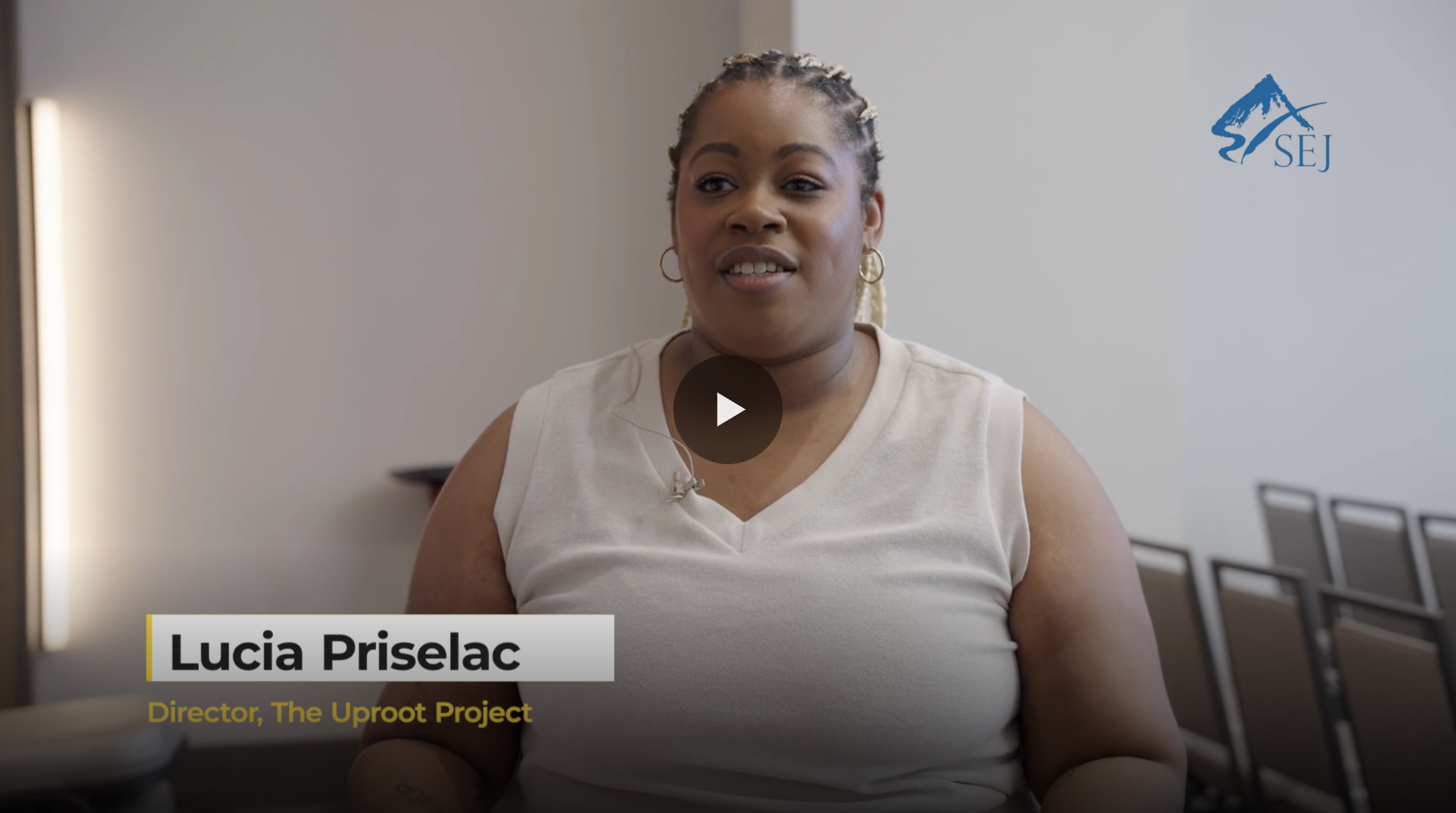 Lucia Priselac speaking at SEJ2025. Text on image: 'Lucia Prisellac, Director, The Uproot Project'. Logo in corner with a mountain and the letters 'SEJ'.