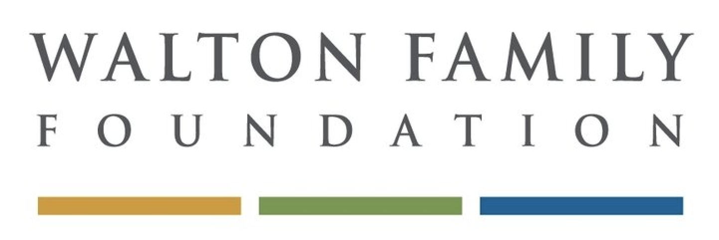 Logo for Walton Family Foundation with four horizontal bars in gold, green, blue, and dark blue.