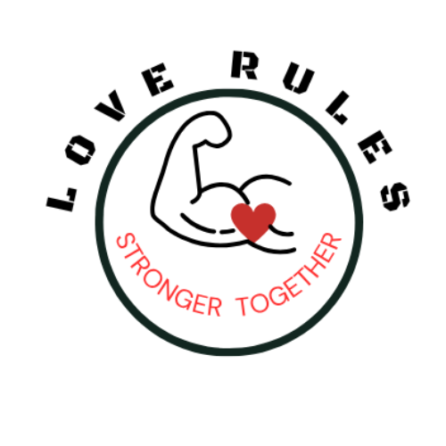 A logo with a muscular arm holding a heart, encircled by the text 'Love Rules' at the top and 'Stronger Together' at the bottom in red.