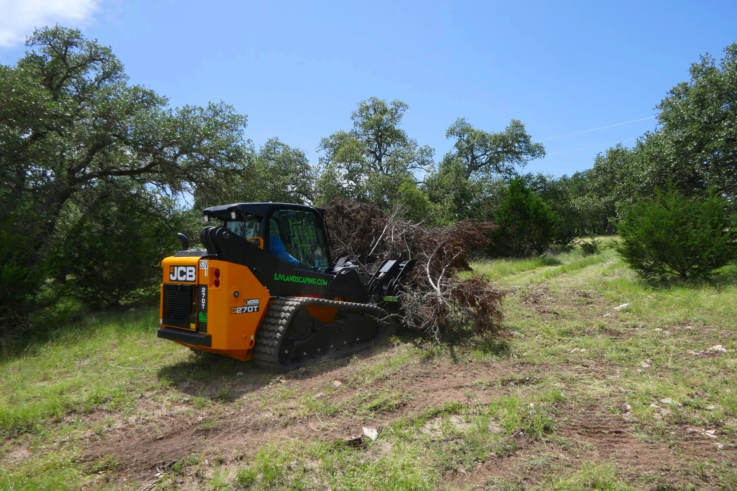 A tracked skid steer loader clearing a fallen tree in a grassy area with green trees and a blue sky in the background.