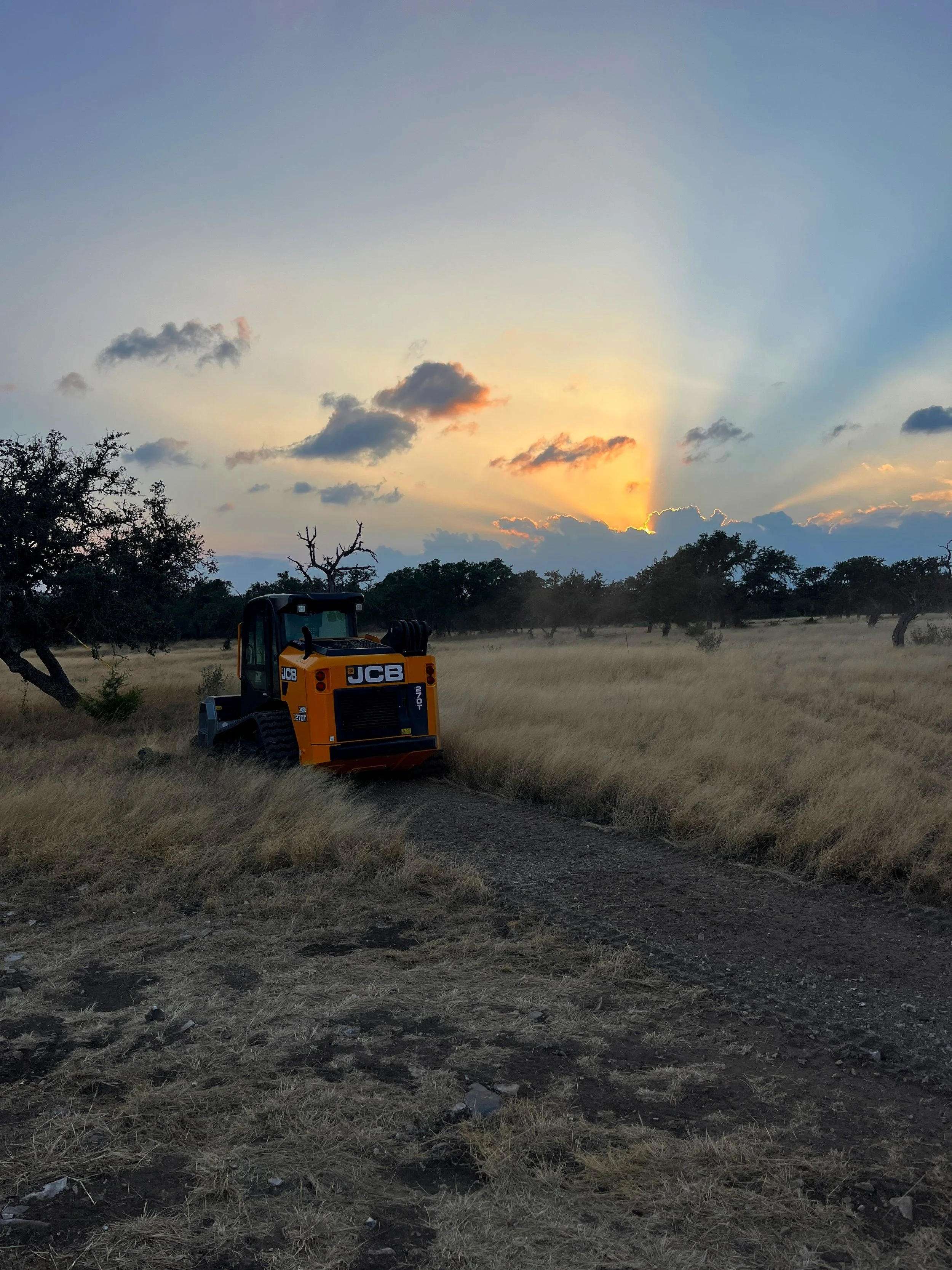 A small orange JCB excavator on a dirt path in a grassy field at sunset, with scattered trees and partly cloudy sky.