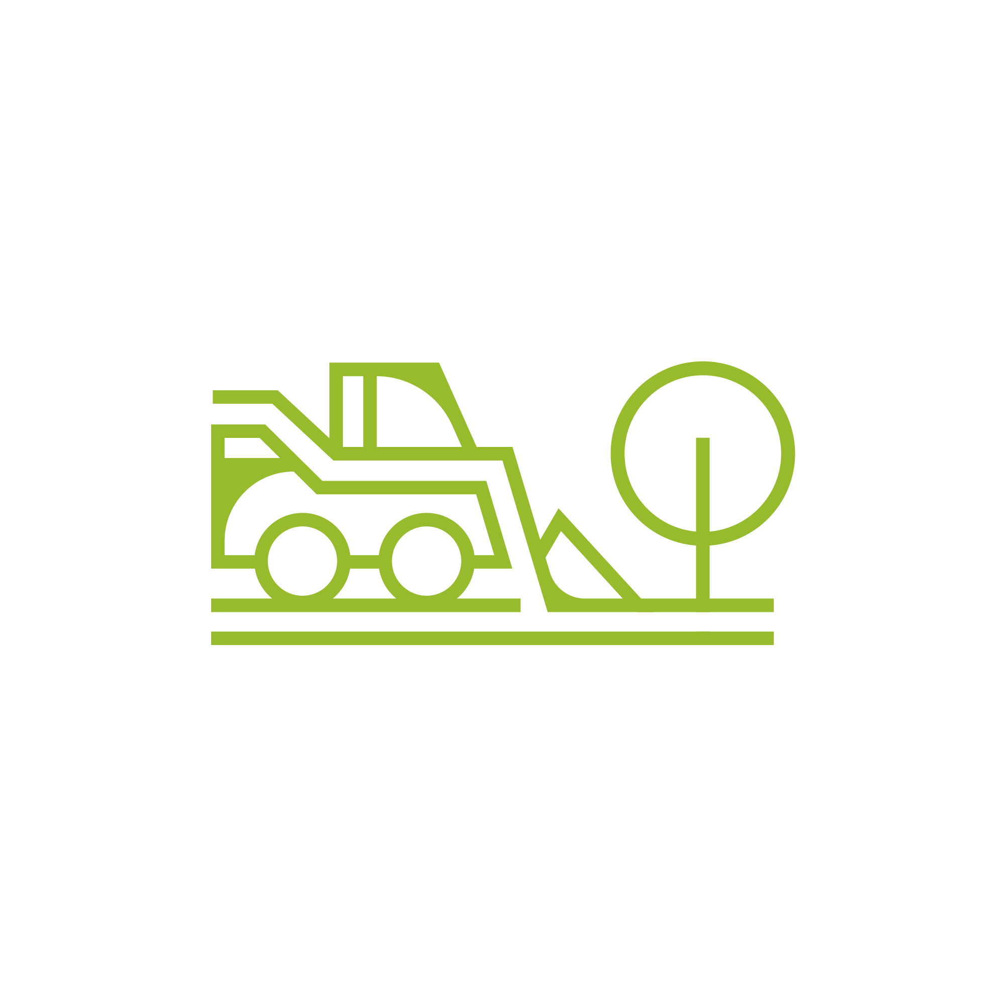 Line drawing of a small green tractor with a front loader, a pile of dirt, a tree, and a ground line.