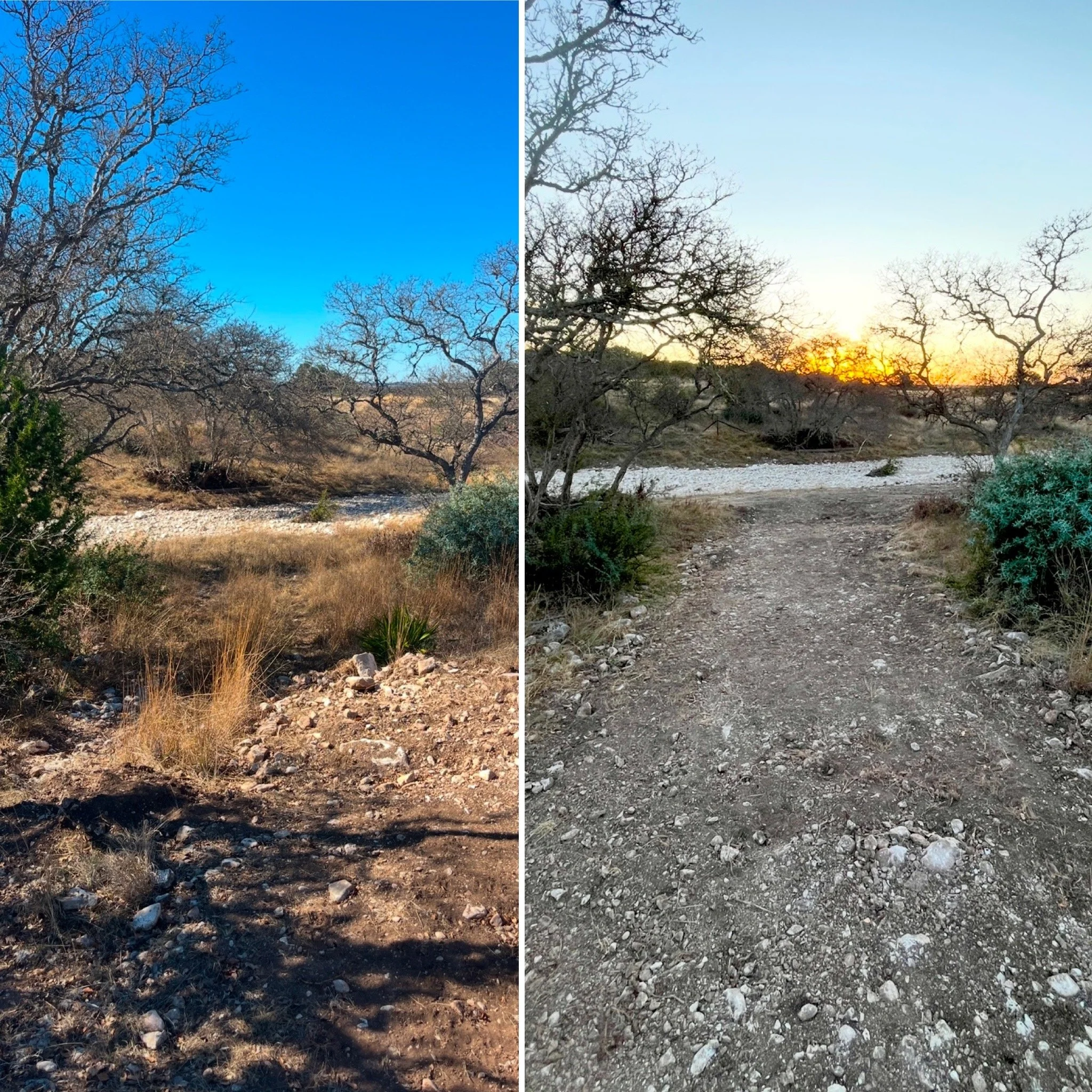 Side-by-side photos of a dry, rocky trail through a sparse, leafless tree landscape with a blue sky on the left and a sunset with a dirt path on the right.