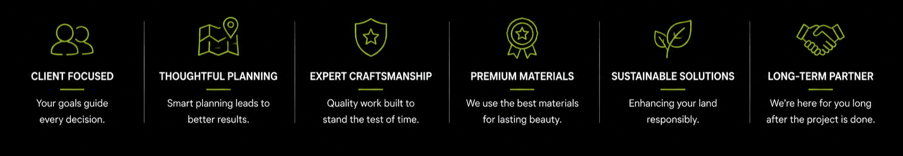 Icons and text highlighting key qualities of a service: Client focused, thoughtful planning, expert craftsmanship, premium materials, sustainable solutions, and long-term partner.