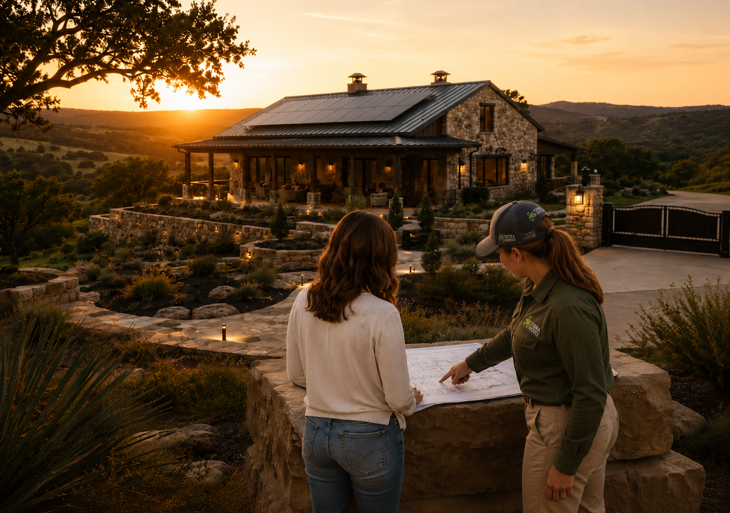 Two women viewing property plans near a landscaped yard with a large stone house at sunset.