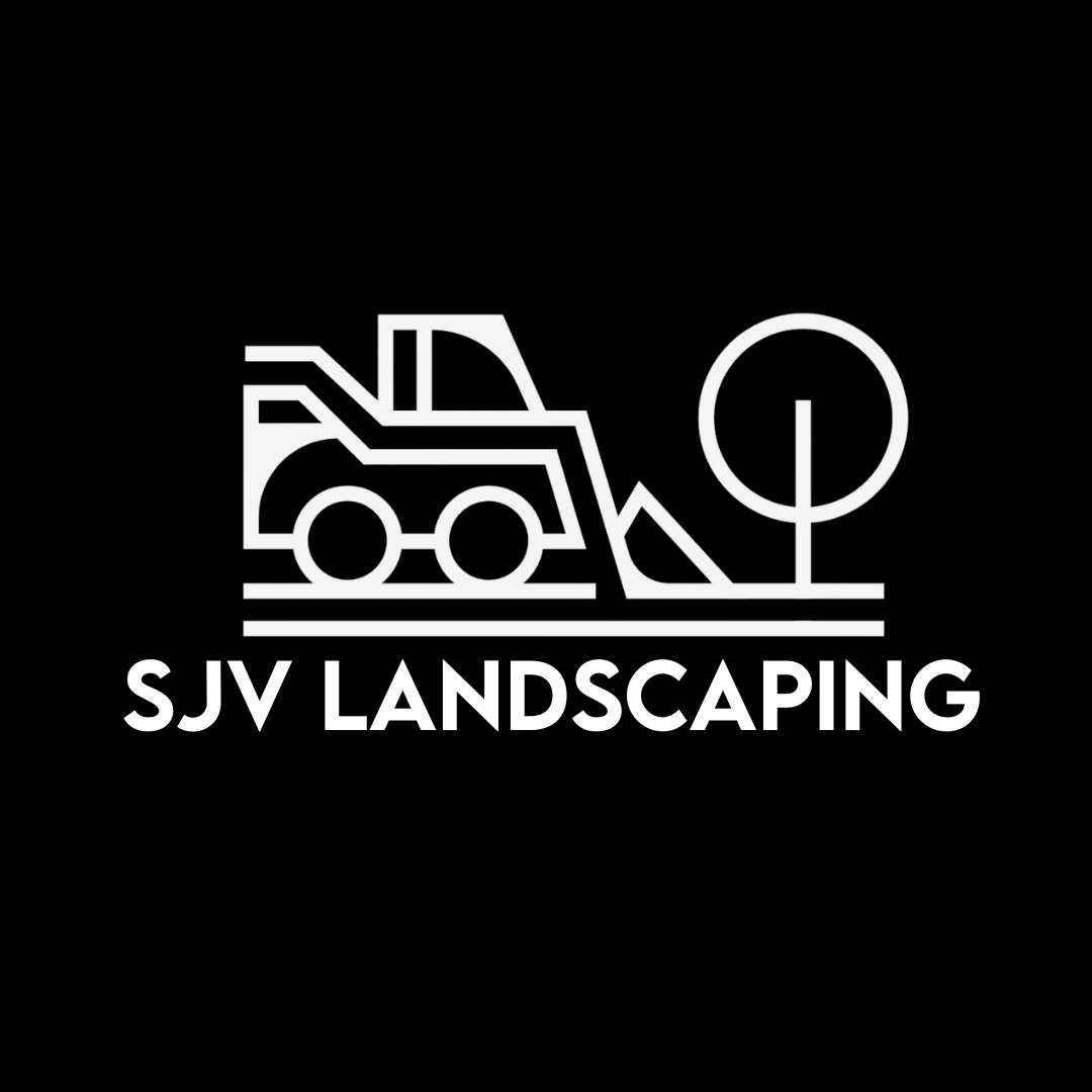 Black background with white outline logo of a bulldozer next to a tree, and the text "SJV LANDSCAPING" underneath.