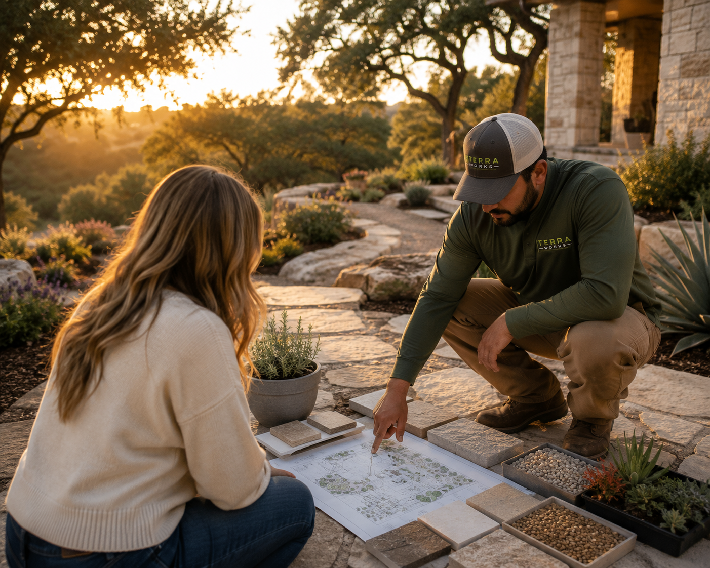 Landscape designer discusses landscape plan with client outdoors at sunset, surrounded by plants and stone samples.