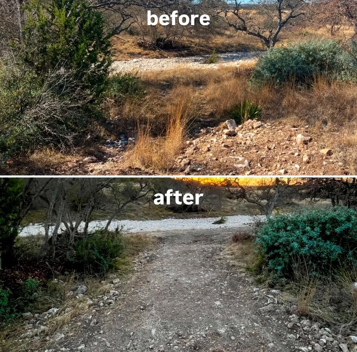 Comparison of a dry, rocky trail before and after clearing and leveling, with vegetation and trees on both sides, showing a more defined and smoother path after cleanup.