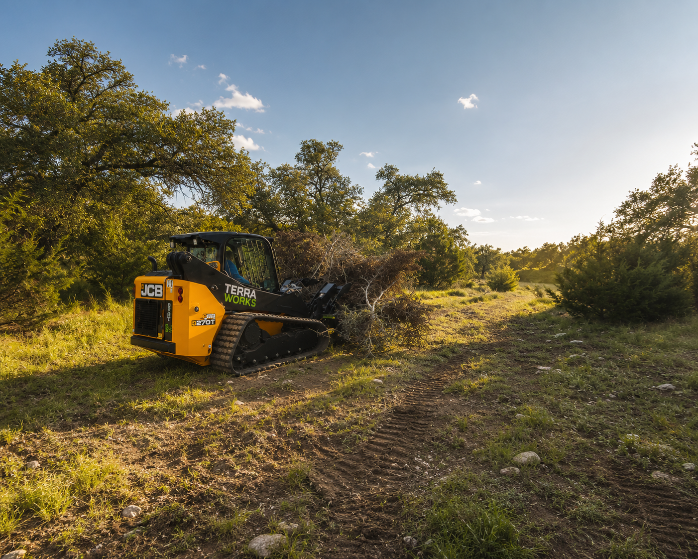 A yellow and black tracked forestry loader working in a clearing with trees in the background during sunset.