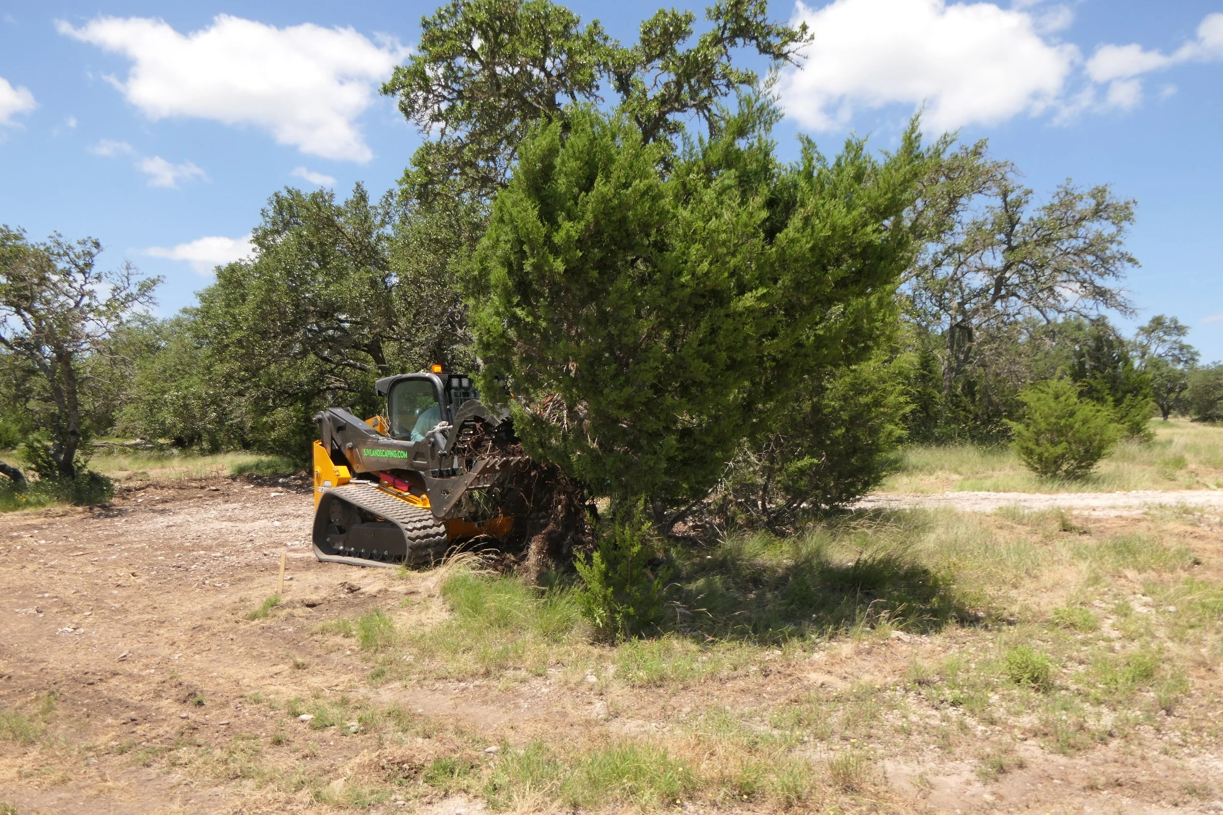 A small bulldozer trimming the roots of a small tree in a grassy, semi-arid landscape with scattered trees under a partly cloudy sky.