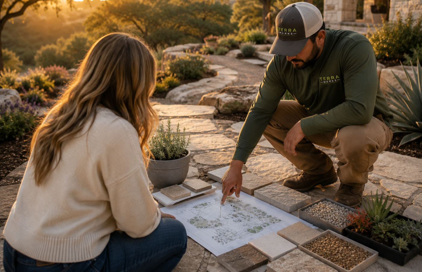 A man and a woman examine a landscaping plan outdoors on a stone pathway during sunset, surrounded by plants and gravel samples.