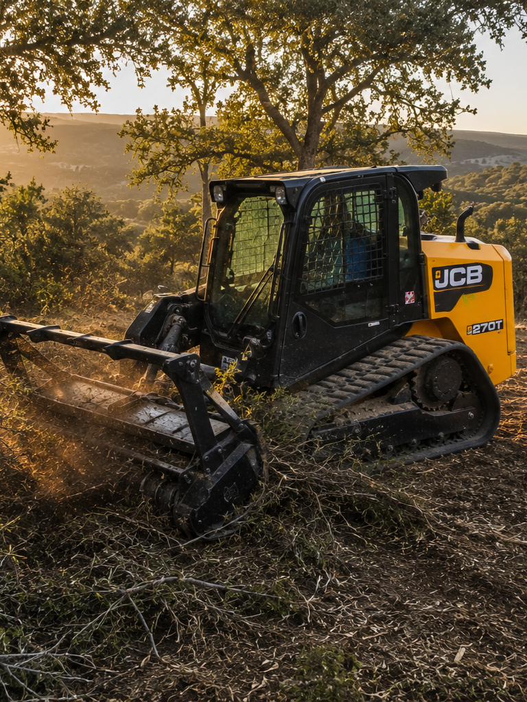 A JCB compact track loader working in a rural area with trees and hills in the background during sunset.