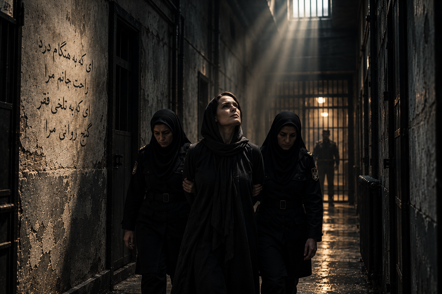 A woman in black clothing with her hands behind her back, flanked by two women in police uniforms, walking in a dimly lit prison corridor with bars and Persian writing on the wall.