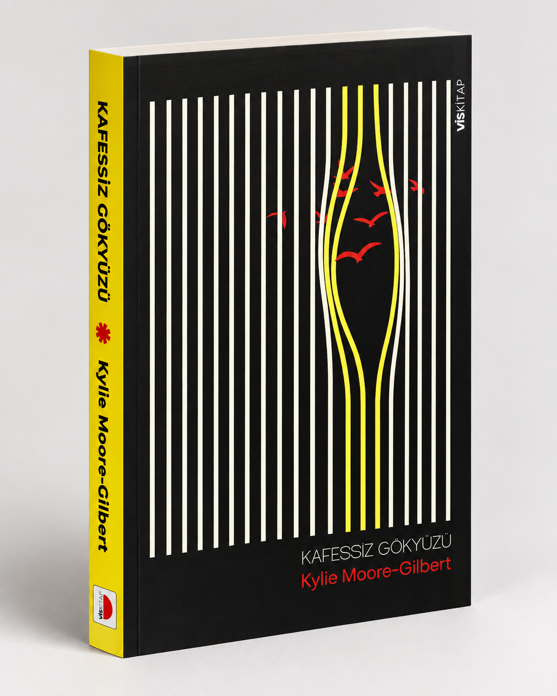 Book titled 'Kafessiz Gökyüzü' by Kylie Moore-Gilbert, with a cover design featuring a black background, vertical white and yellow lines, red birds, and a yellow outline of a bottle in the center.