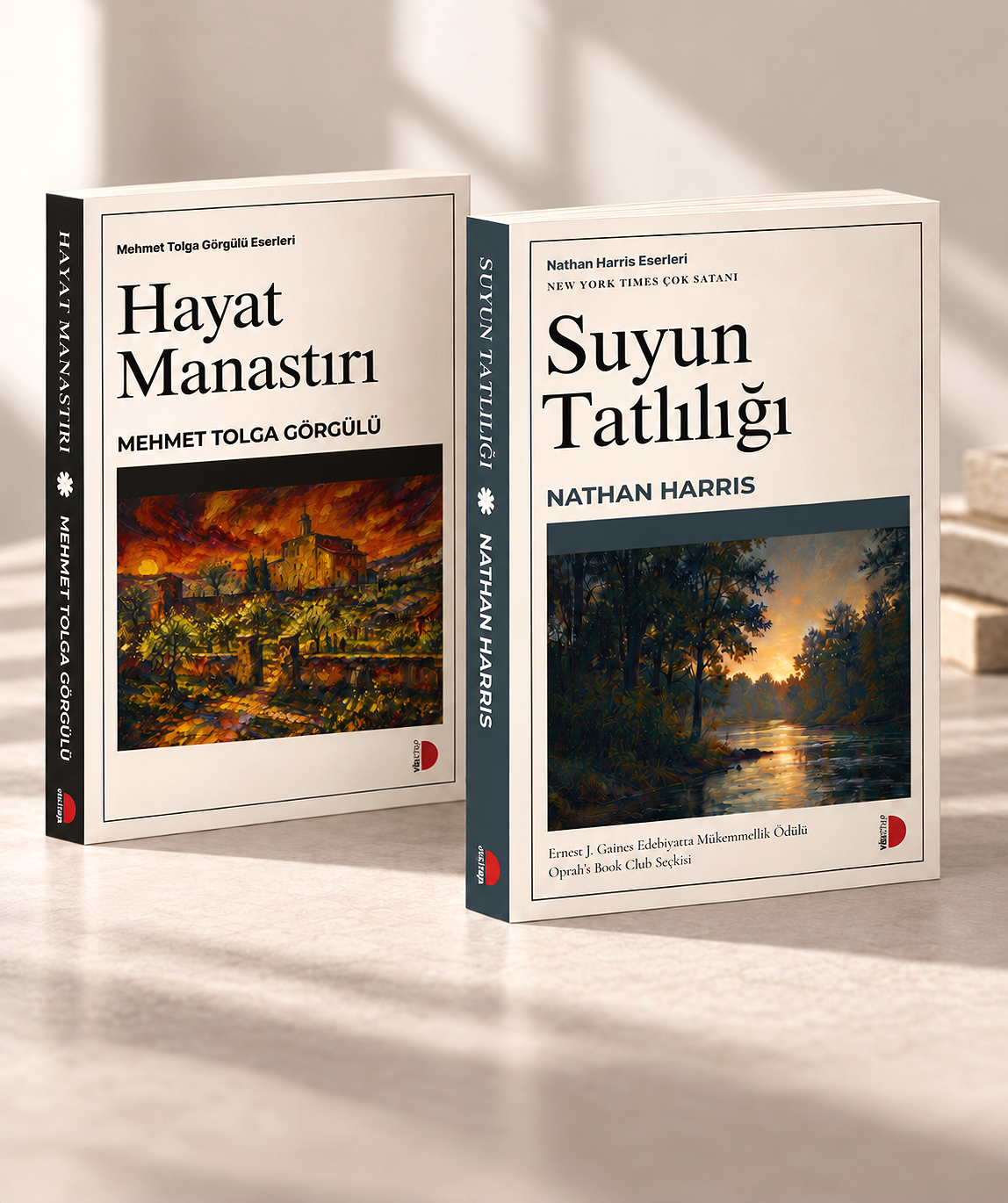Two books with landscape covers standing upright on a light-colored surface. The book on the left has a colorful painting of a castle under a fiery sky and is titled "Hayat Manastırı" by Mehmet Tolga Görgülü. The book on the right features a serene nature scene at sunset with trees and water and is titled "Suyun Tatlılığı" by Nathan Harris.