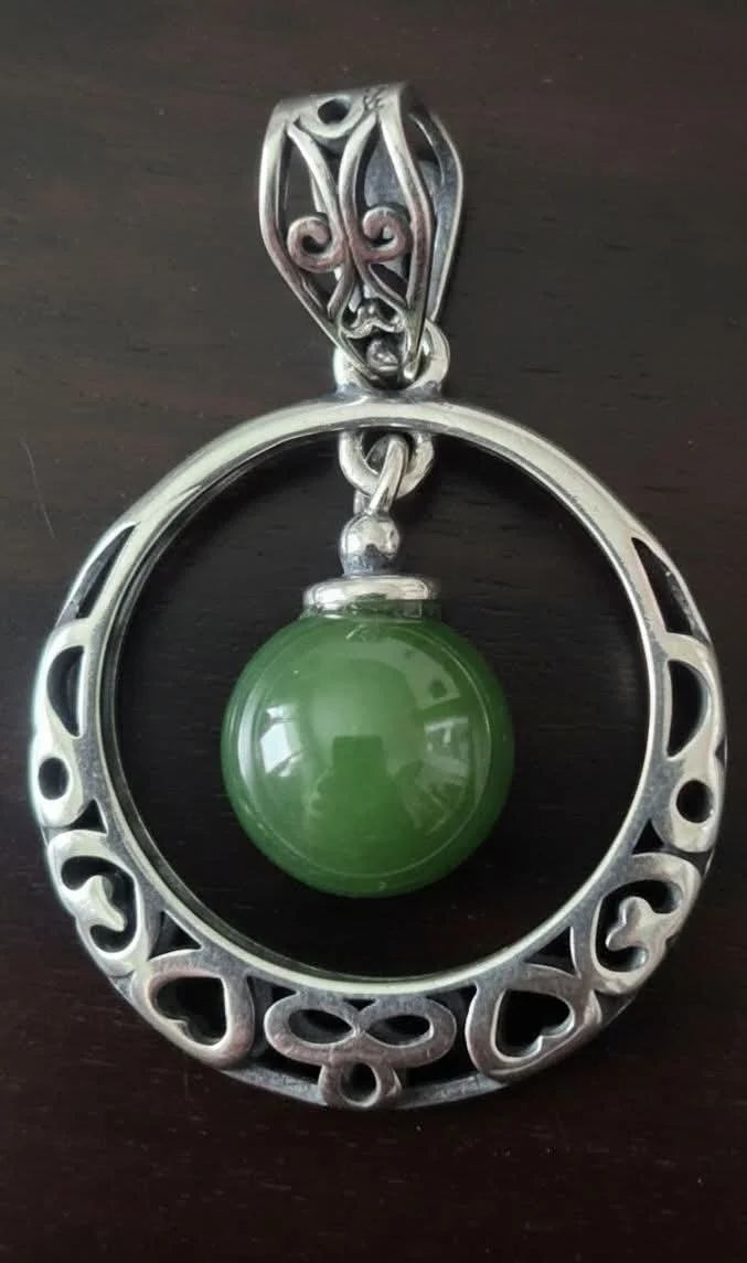 Eternal Harmony: Green Jade Orb & Filigree Hoop Pendant Necklace