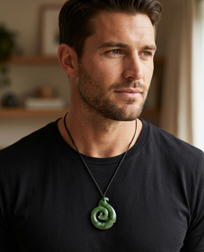 Eternal Spirals,  Authentic Canadian Jade Koru Pendant For Men