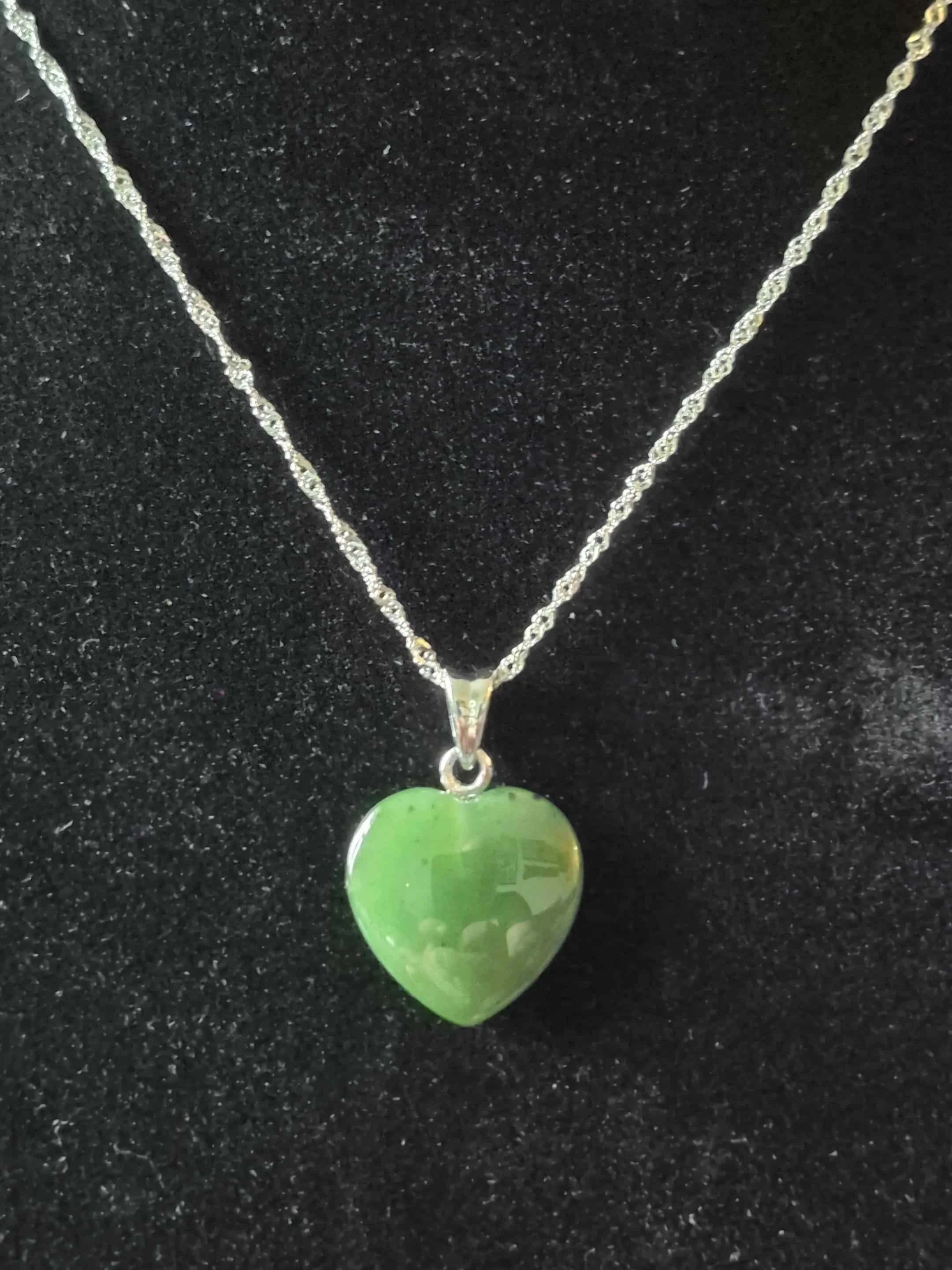 Evergreen Love: Hand-Carved  Nephrite Jade Heart Pendant 33mm, Stirling Silver Necklace
