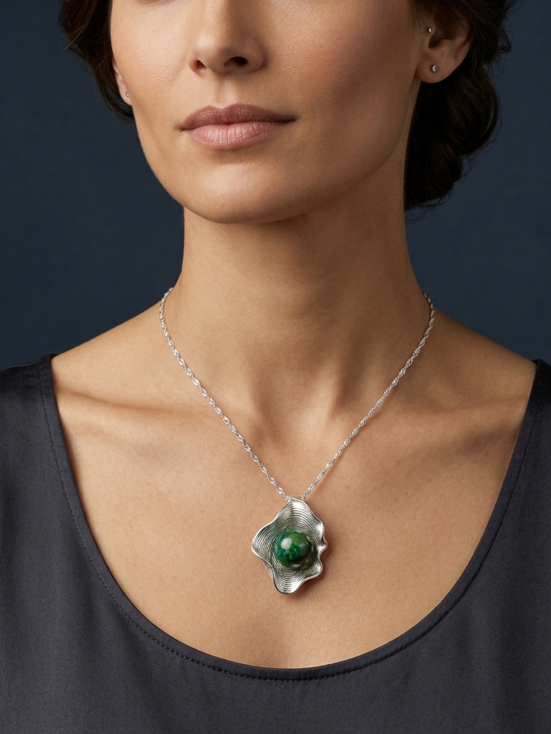 The Sculptural Jade Oyster Shell Pendant Necklace, Sterling Silver Modern Nephrite Jade for Healing & Protection