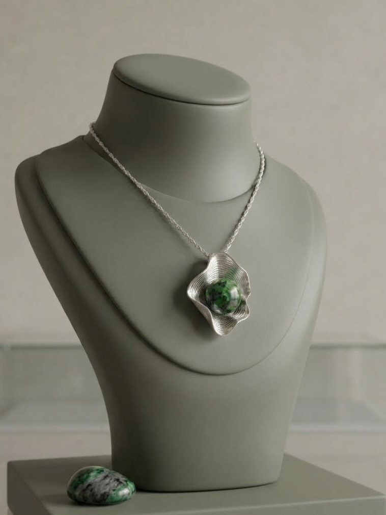 Green Jade Bead Oyster Shell Sterling Silver Necklace