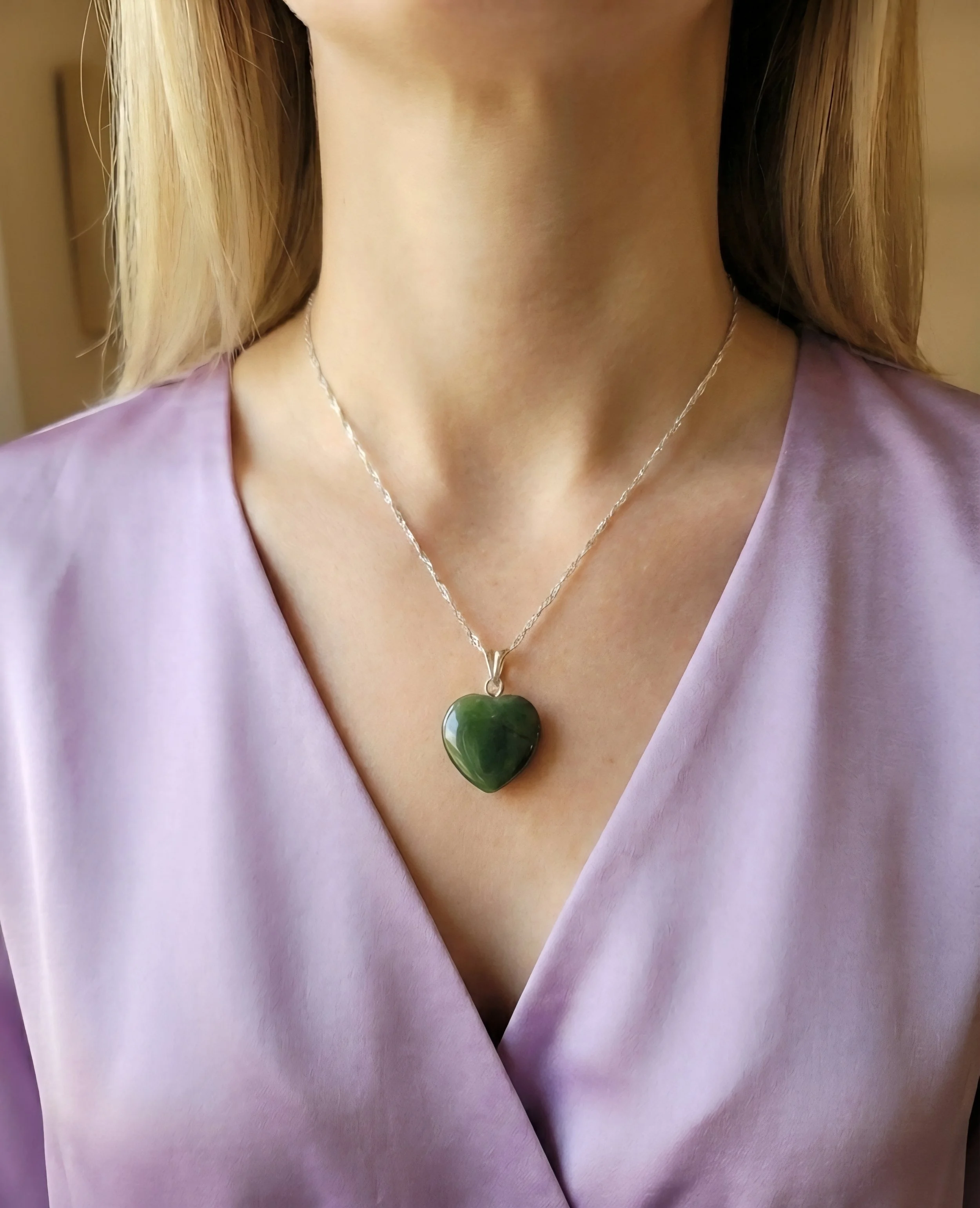 Green Jade Heart Pendant Necklace, Sterling Silver Necklace
