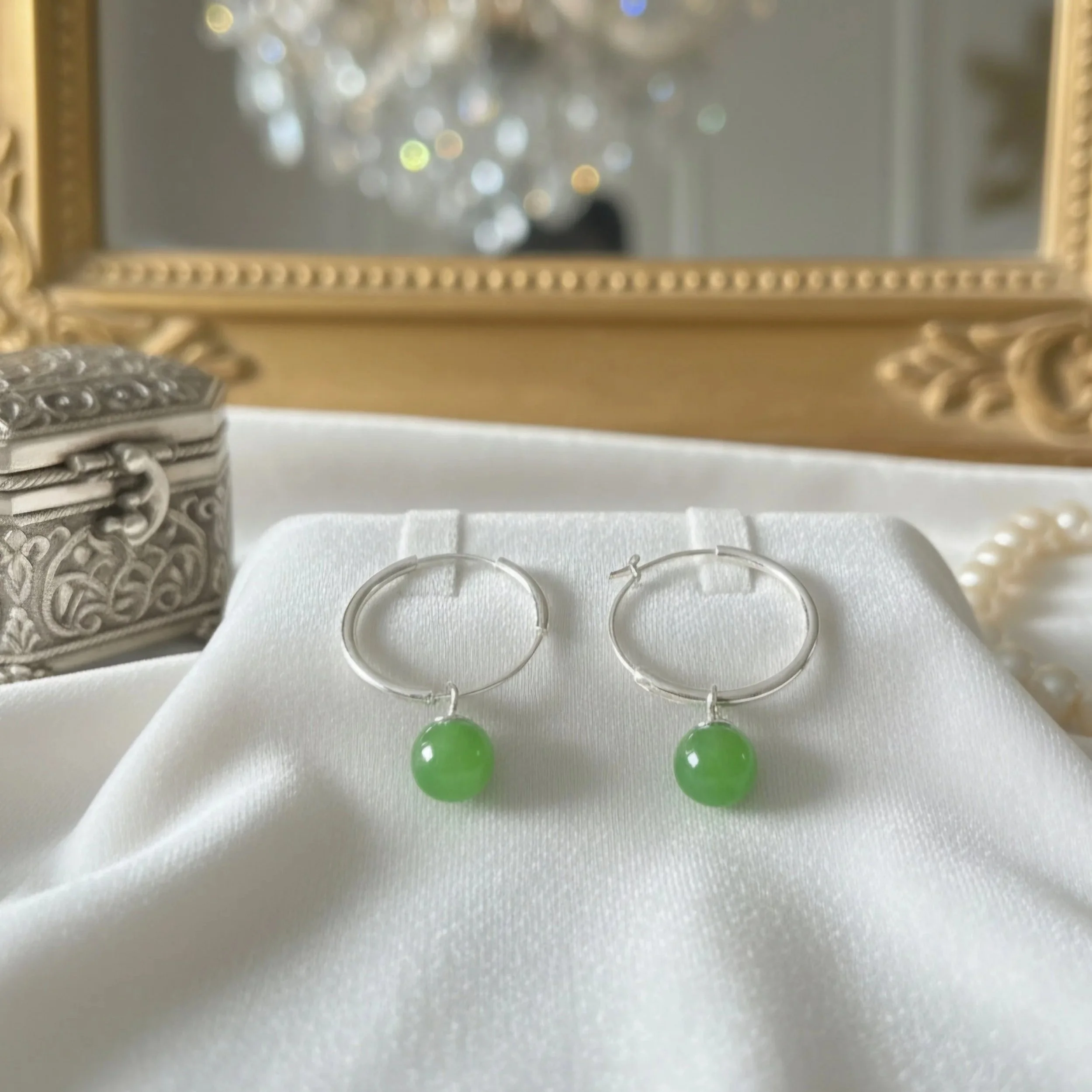 Jade Bead Sterling Silver Hoop Earrings