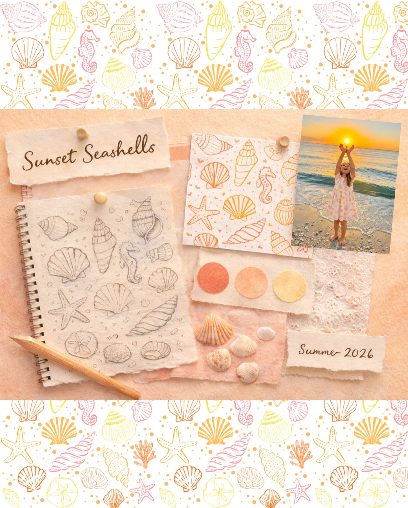 Our Sunset Seashells print captures the magic of golden hour at the beach &mdash; when the sky turns soft blush and coral, and little hands gather treasures from the shore.

Delicate shells drift across a warm, sun-washed palette designed to bring yo