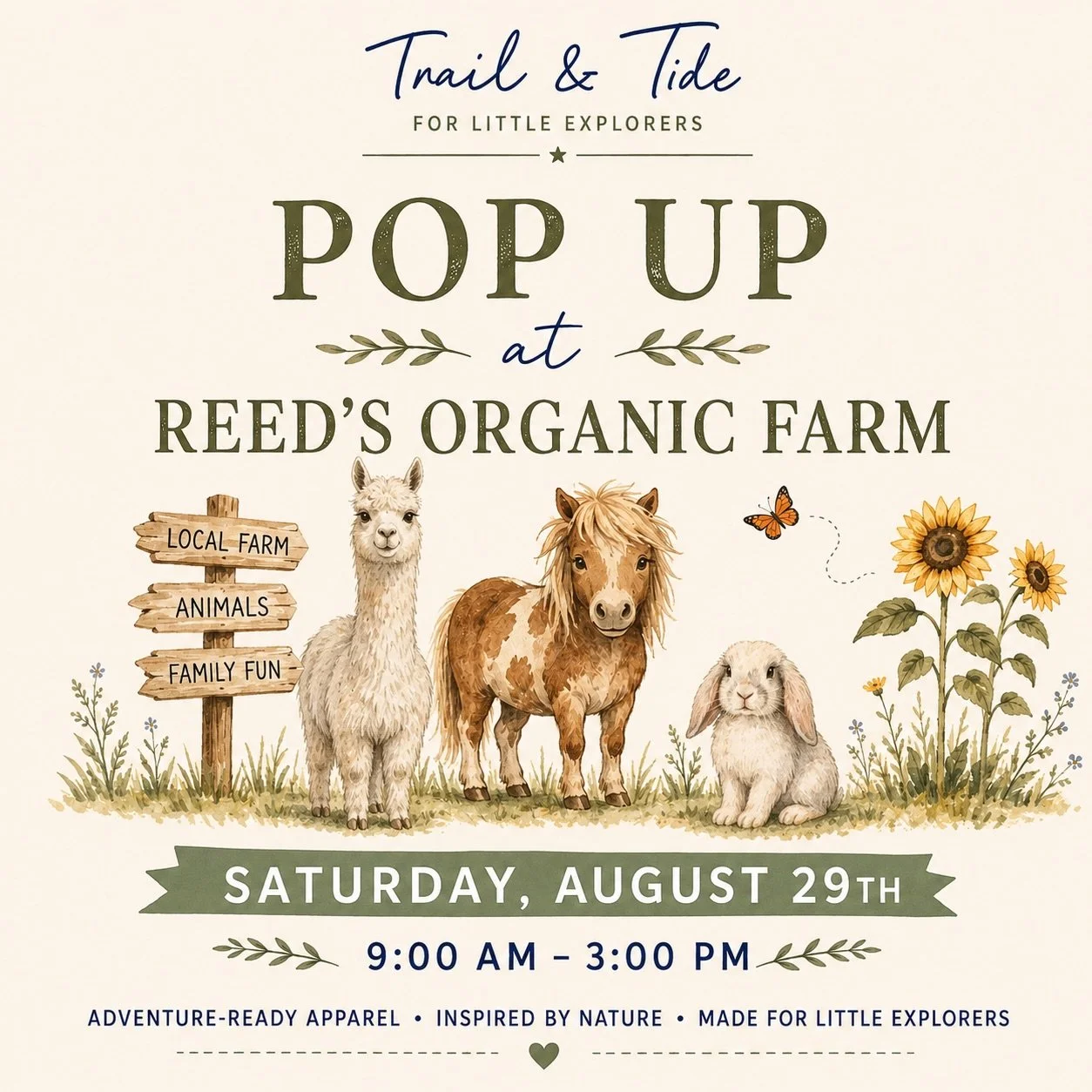 Come spend the day with us at one of our favorite local spots! 🌿🐴

Trail &amp; Tide is popping up at Reed&rsquo;s Organic Farm this Saturday, August 29th from 9 AM&ndash;3 PM. Come explore the farm, visit the animals, and shop our Summer + Fall col