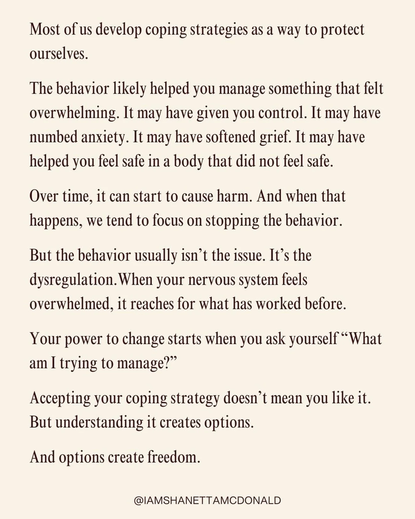 In the spirit of NEDA week, I&rsquo;m thinking about how many of our behaviors started as protection. Before you try to eliminate a coping strategy, ask what it is regulating.

Your body is not trying to sabotage you. It is trying to keep you safe.

