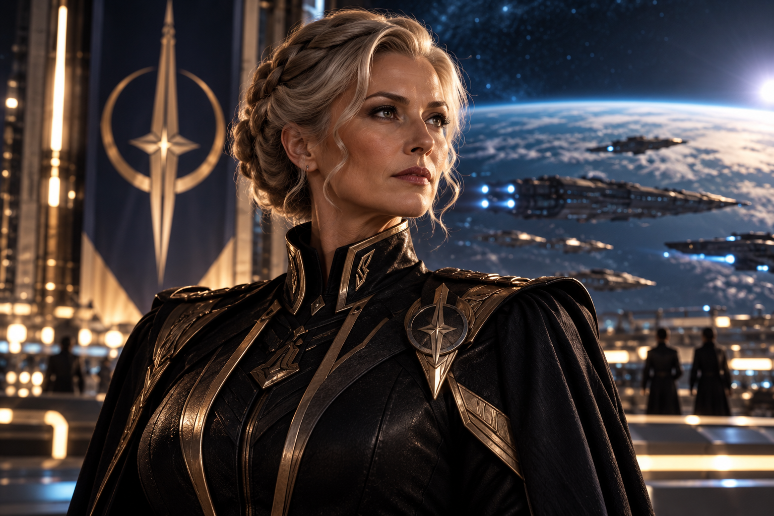 General Azriena Sarali wearing a formal black and gold military uniform aboard a Continuum spacecraft.