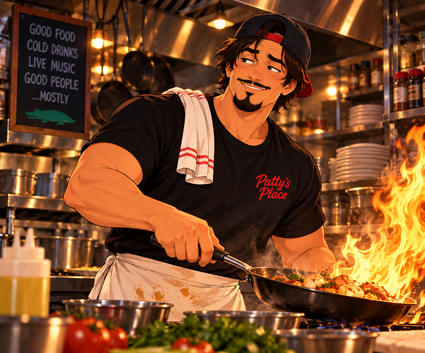 Joey, the enthusiastic young assistant cook from Patty's Place, wearing his restaurant work clothes.
