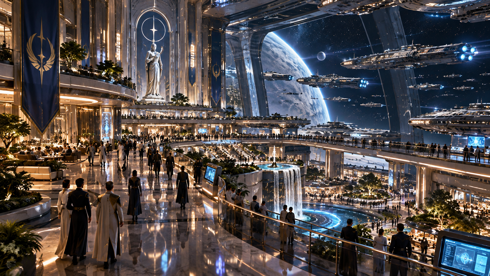 The Continuum and the interior of a futuristic space station with people walking and socializing, large windows showing Earth and spaceships outside, grand statues, and illuminated decor.