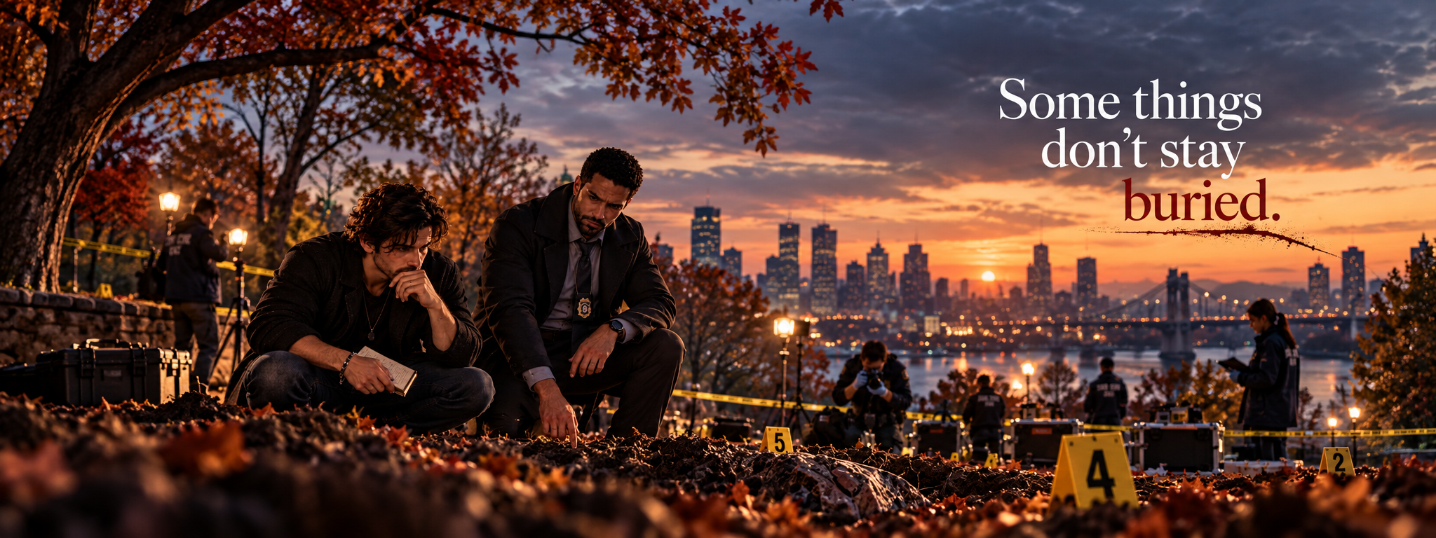 Police investigators examining a crime scene in a city park at sunset, with the Shadows tagline “Some things don't stay buried.”