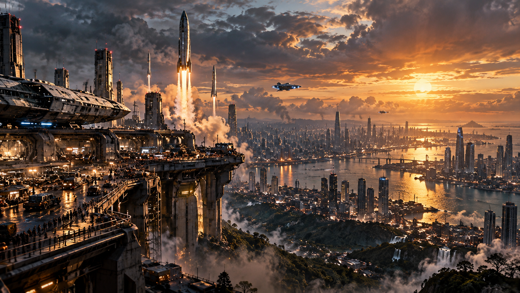 Futuristic cityscape at sunset with space rockets launching, flying spacecraft, high-rise buildings, bridges, and waterfalls in the foreground.