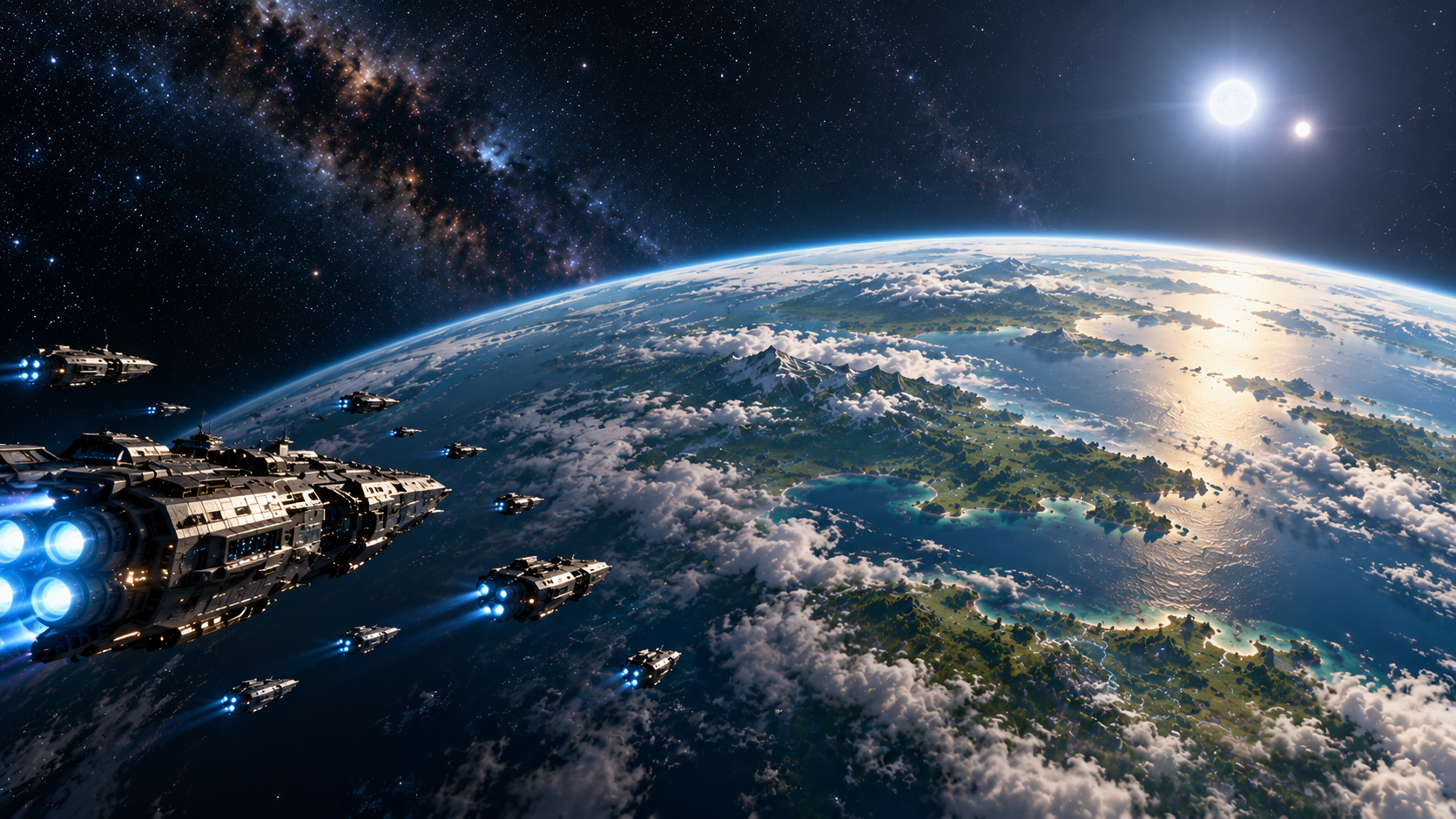 Space scene with a spaceship fleet orbiting Ori'el, with visible clouds, mountains, and lakes, and stars in the background.