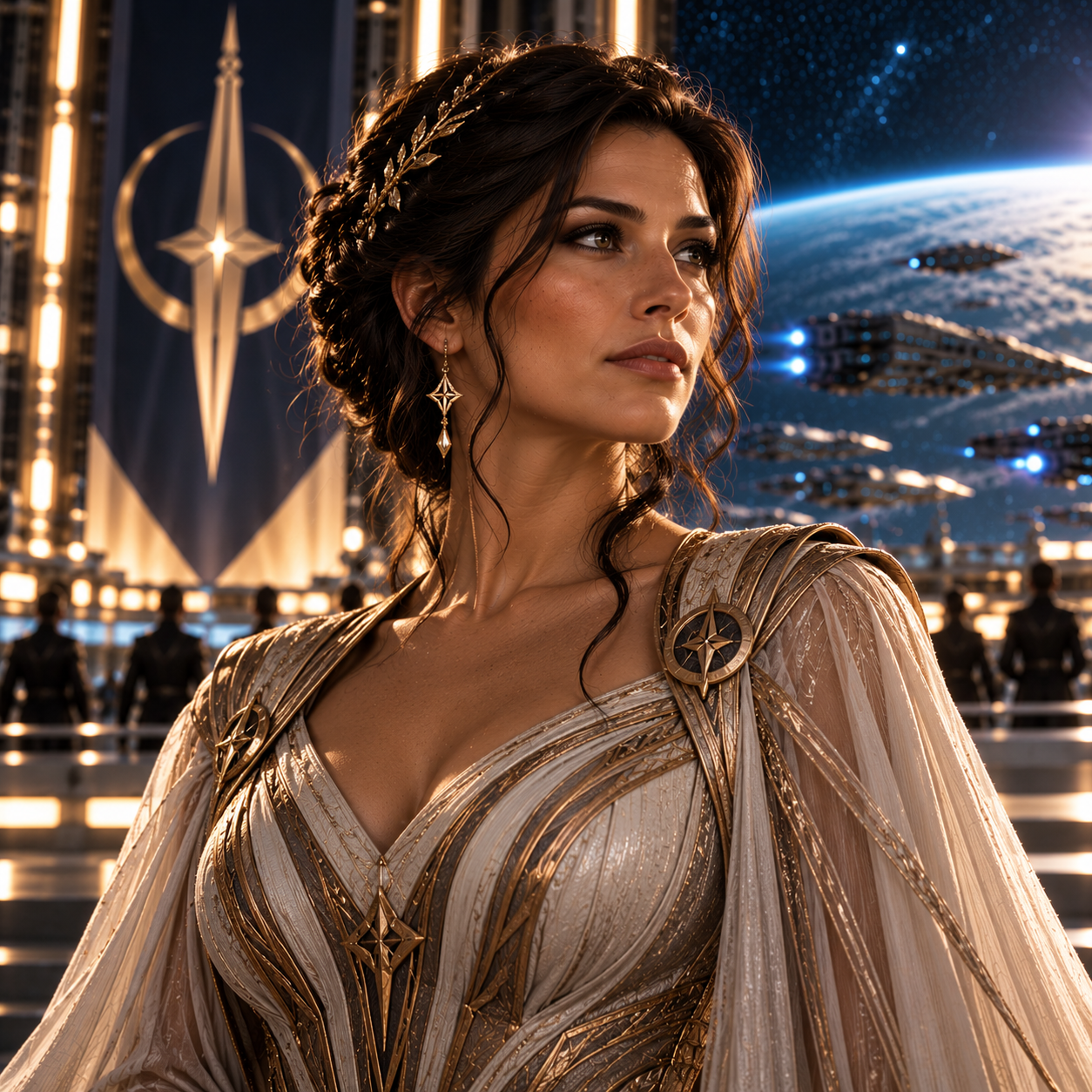 Xeladora, Solon's wife, wearing an elegant ivory and gold ceremonial gown with jewelry aboard a spacecraft.