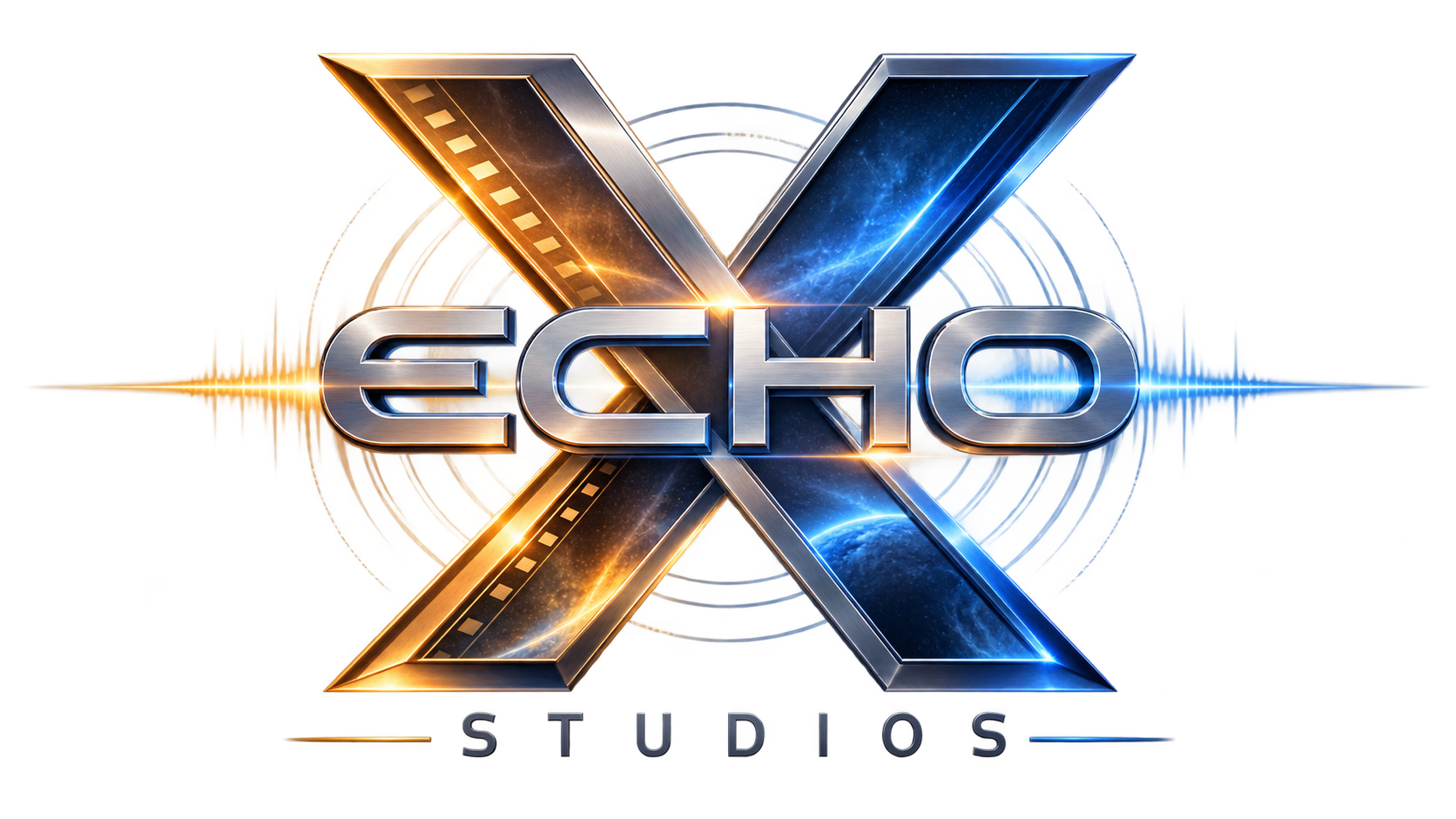 Metallic blue and gold Echo X Studios logo featuring a large X with ECHO across the center and STUDIOS underneath.