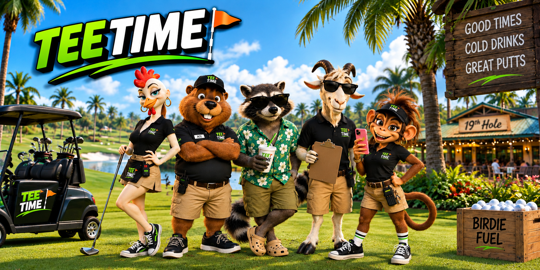 Colorful promotional artwork featuring the animated characters of Tee Time at a Florida putt putt golf course.