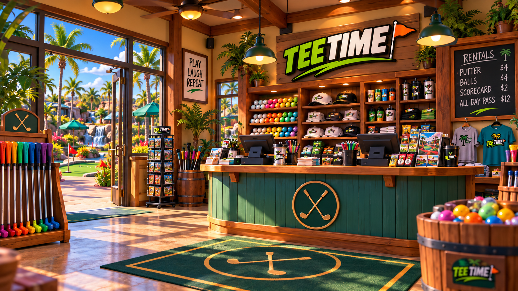 Interior of the Tee Time golf shop featuring golf equipment, merchandise, and views of the course.
