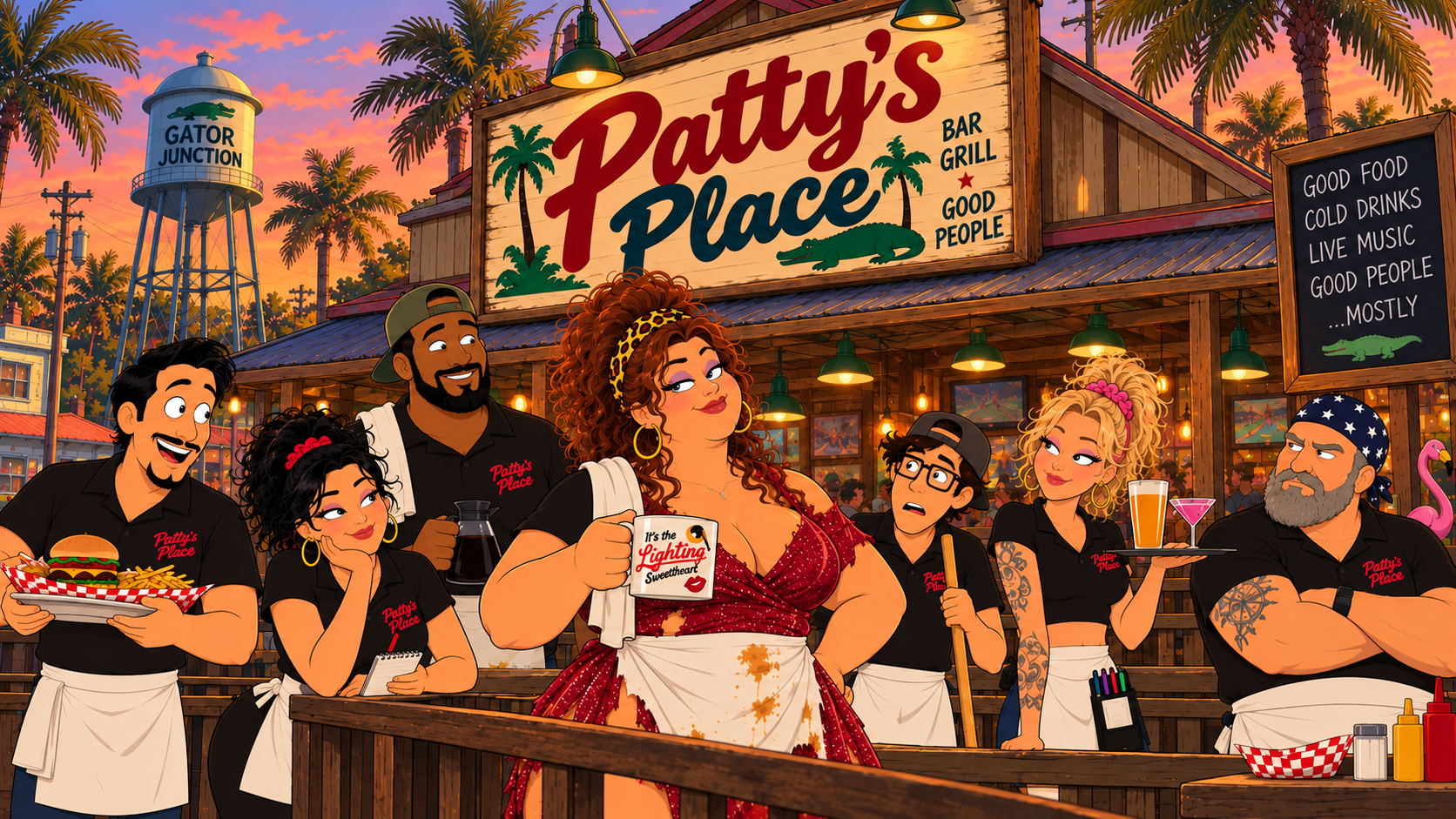 Animated cast of Patty's Place gathered outside their fictional bar and grill in Gator Junction, Florida.