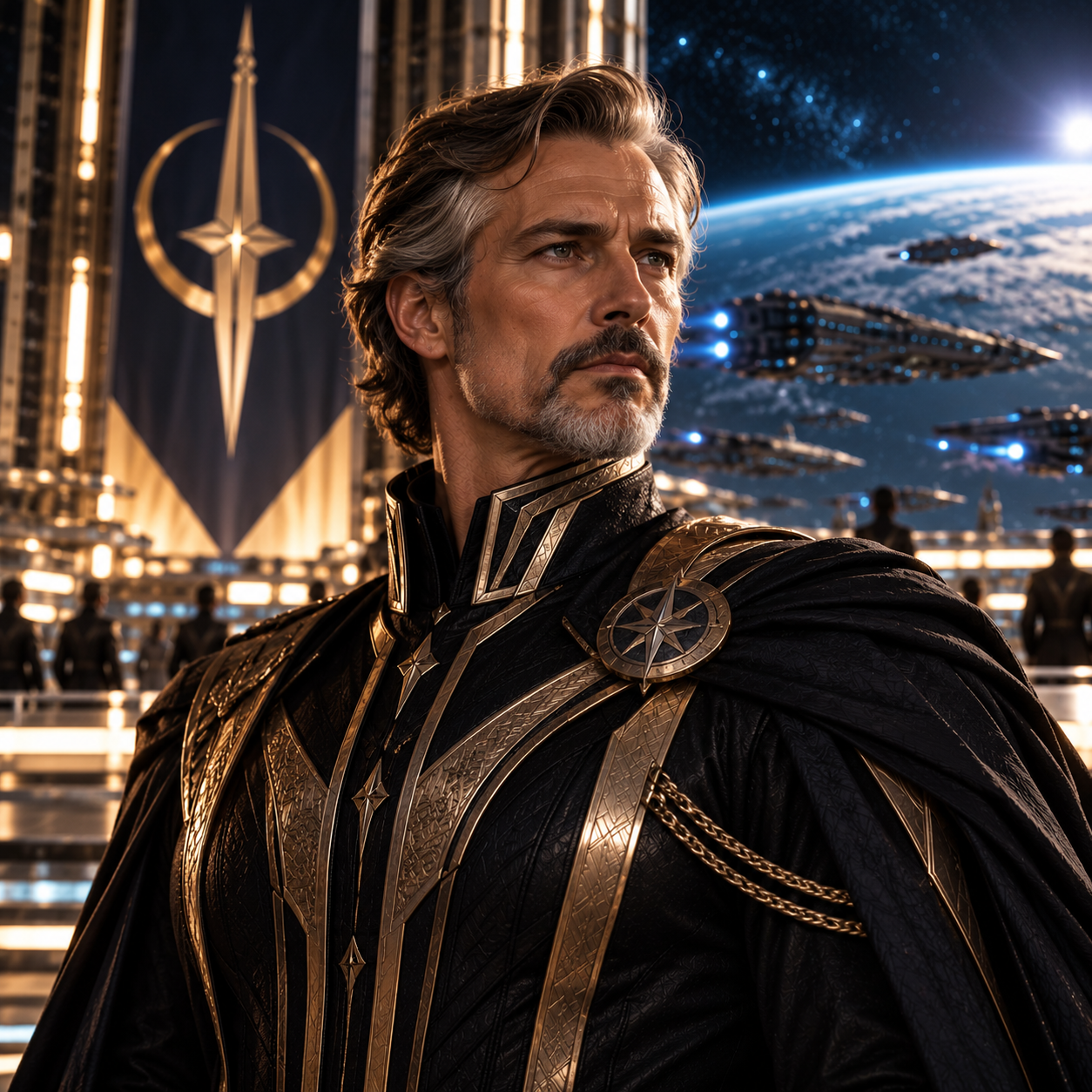 Solari Caymier wearing ornate black and gold Continuum attire.