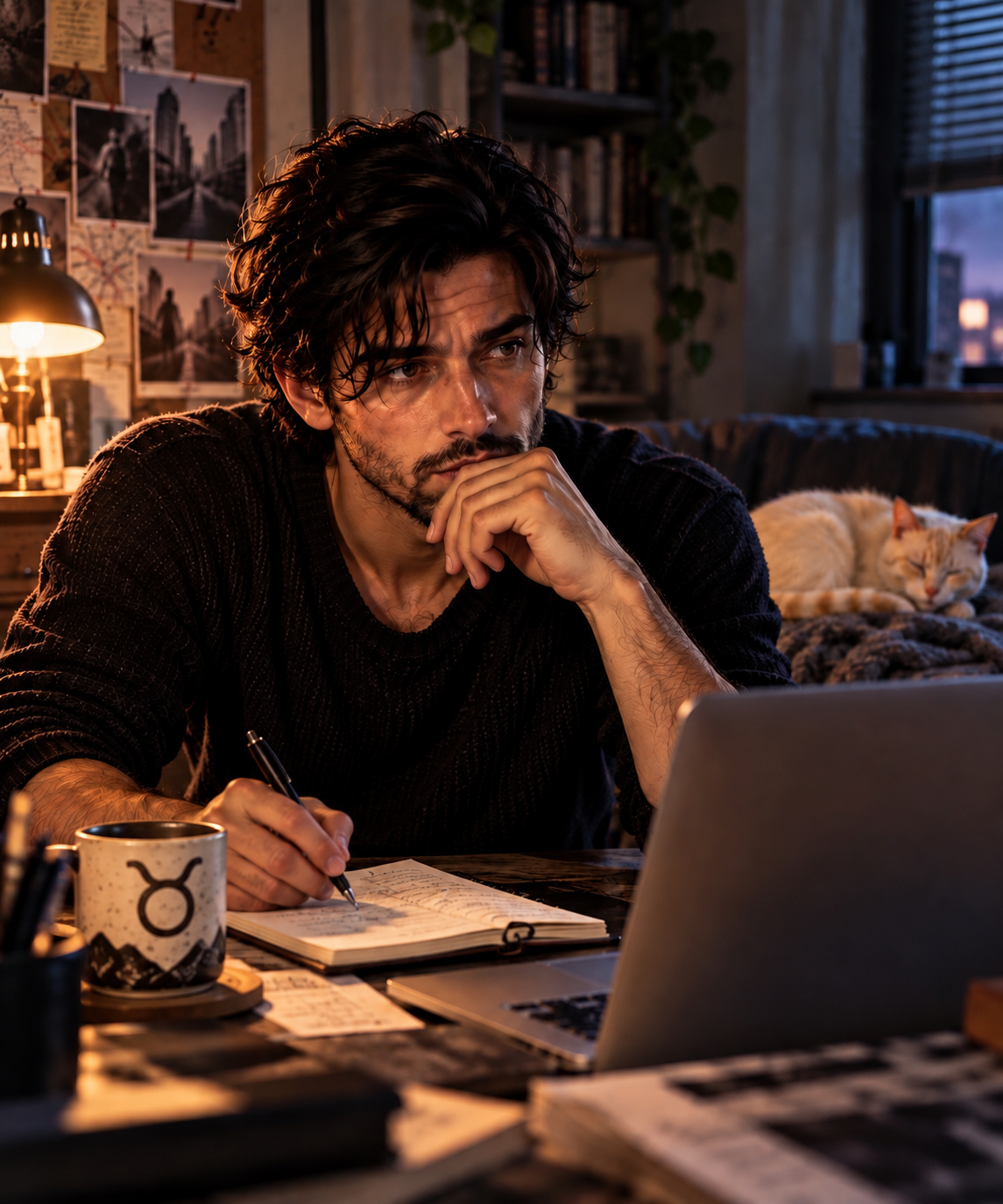 A man Nikolai “Niko” Varek, a dark-haired freelance writer, working at his desk with a laptop and notebook in a dimly lit apartment.